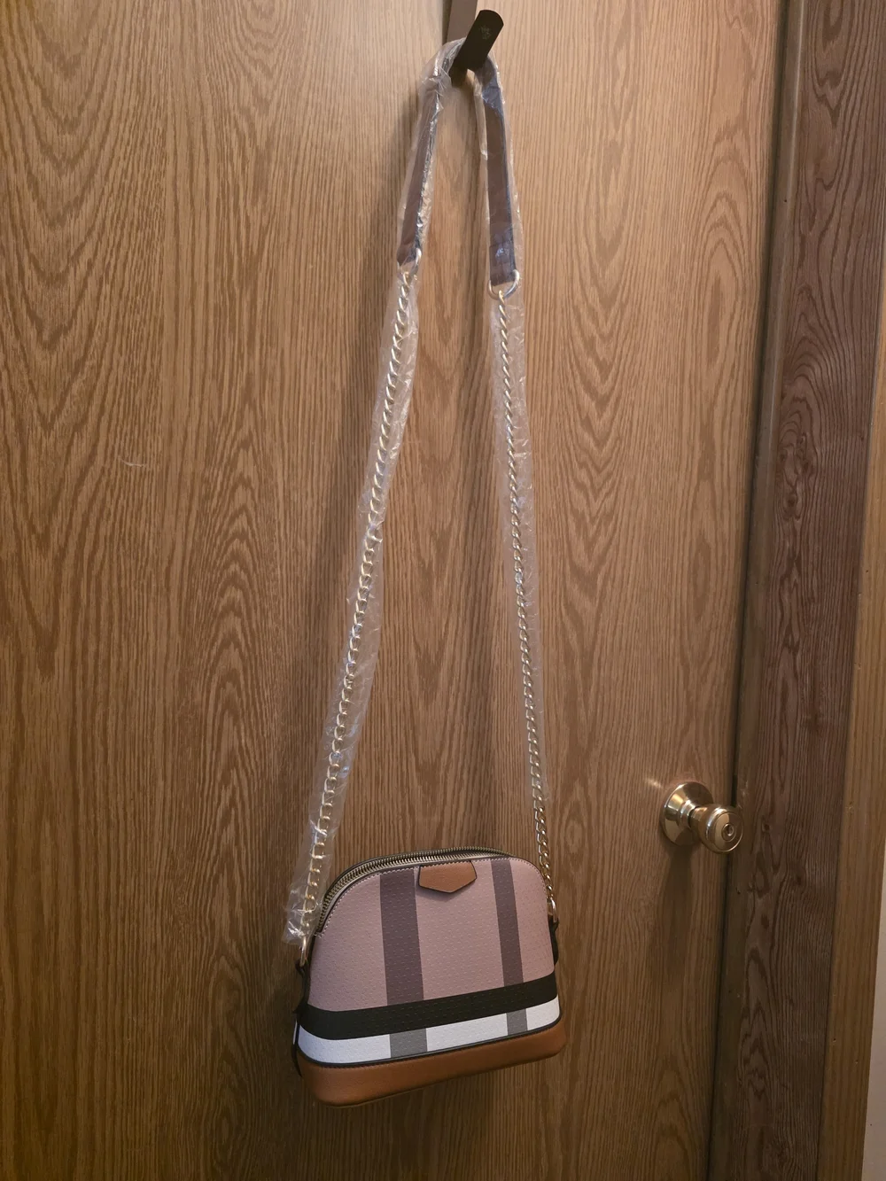 Women’s Pink Stripe Crossbody Bag with Gold Chain
